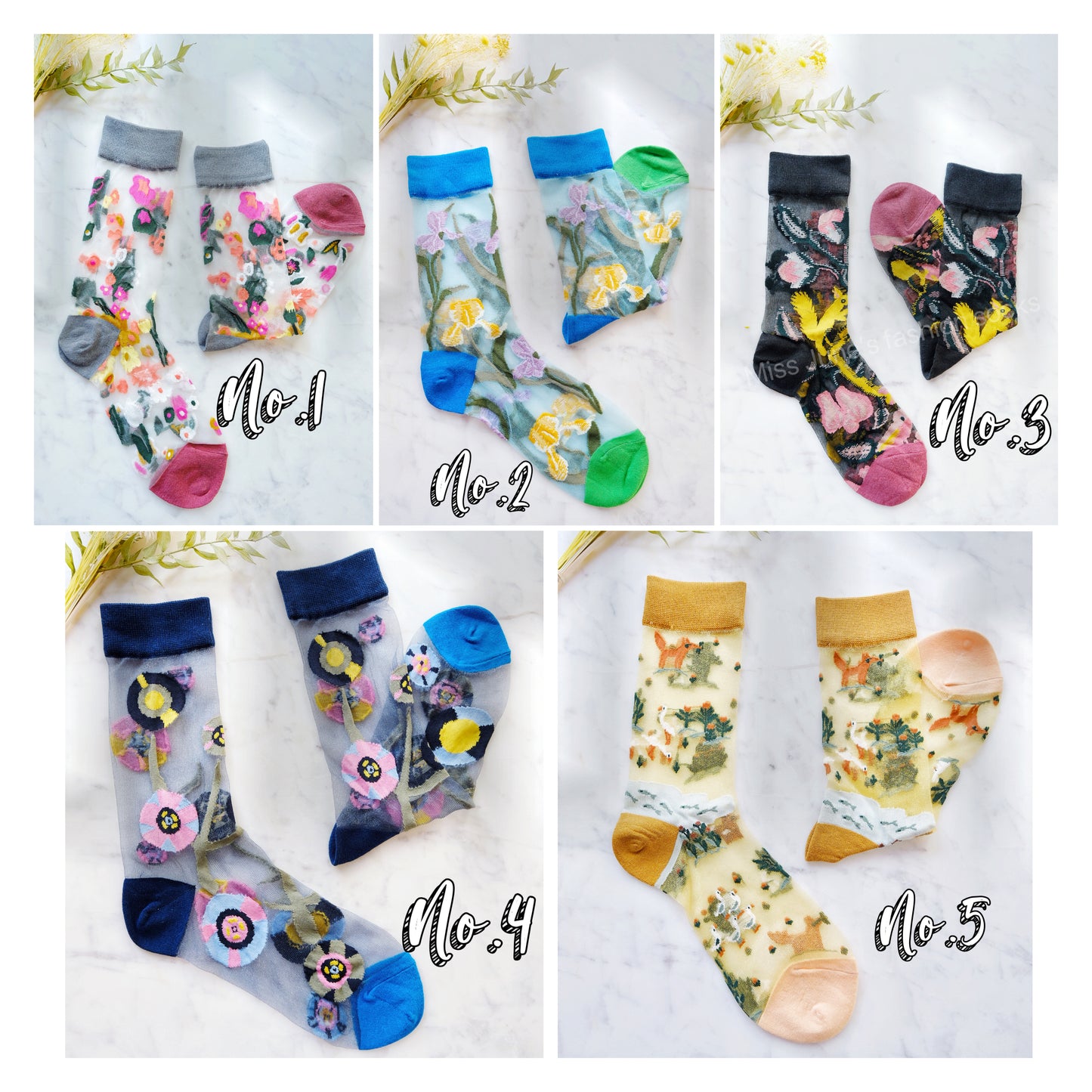 Miss June’s | Women’s Glass Silk-like Transparent socks | Cute | Colorful | Summer | Patterned | Gift Idea | Casual | Comfortable | Floral |