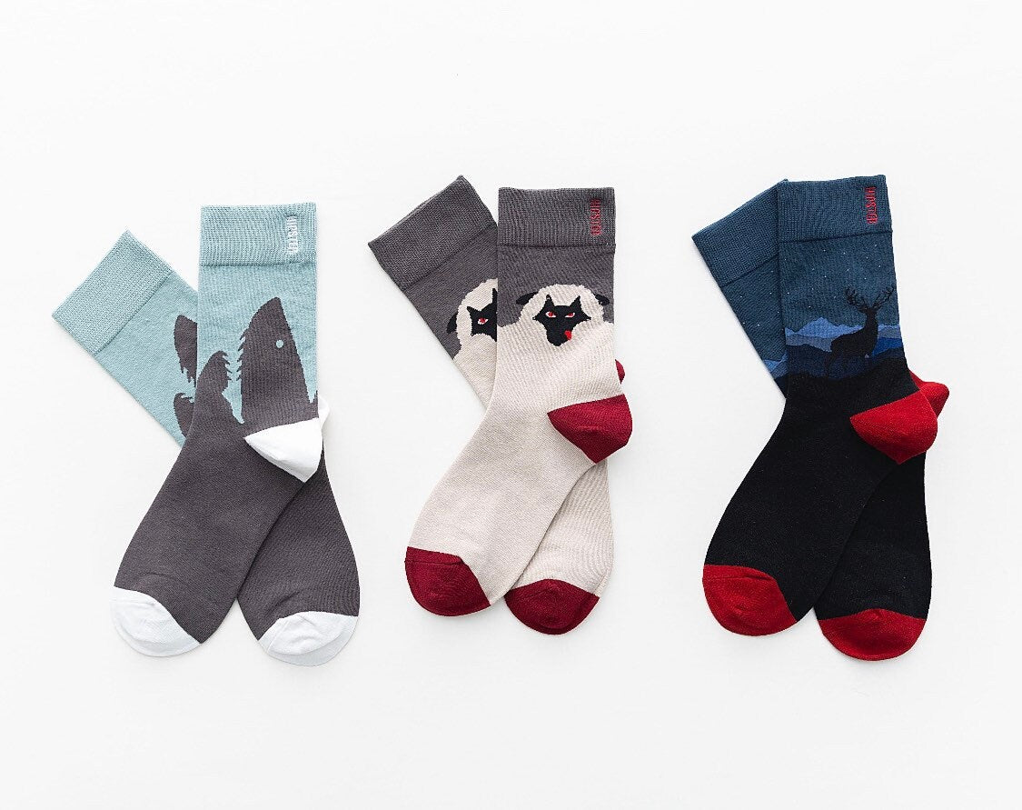 Miss June’s | Set 3 pairs cotton socks|Creative | Colorful | Cool | Patterned | Designed | Unisex | Gift Idea | Art | Comfortable| Men