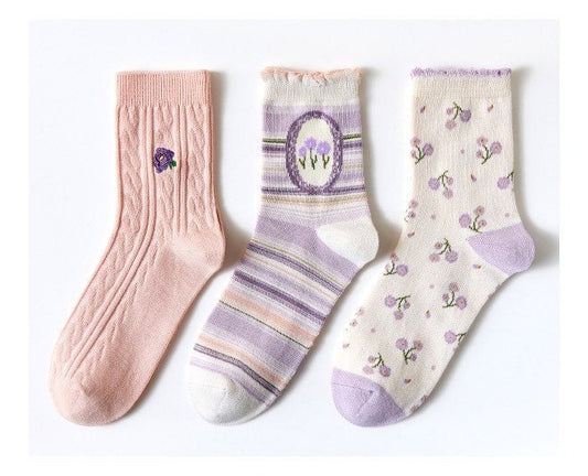 Miss June’s | Set of 3 pairs cotton socks | Cute | Pink | daily | Patterned | Designed | Women | Gift Idea | Casual | Stylish | Comfortable