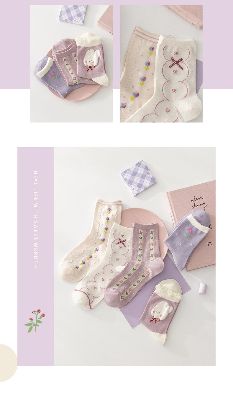 Miss June’s | Set of 5 pairs cotton socks | Cute | Pink | daily | Patterned | Designed | Women | Gift Idea | Casual | Stylish | Comfortable