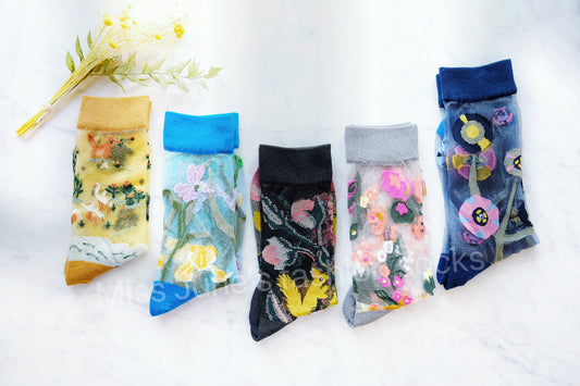 Miss June’s | Women’s Glass Silk-like Transparent socks | Cute | Colorful | Summer | Patterned | Gift Idea | Casual | Comfortable | Floral |