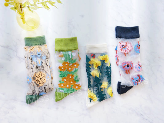 Miss June’s | Women’s Glass Silk-like Transparent socks | Cute | Colorful | Summer | Patterned | Gift Idea | Casual | Comfortable | Floral |