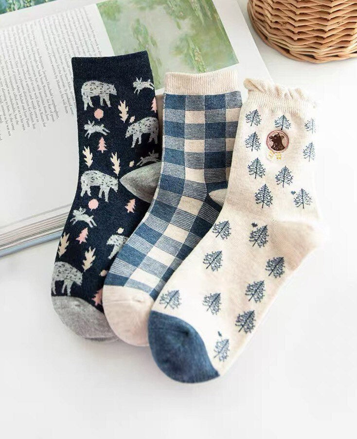 Miss June’s | Set of 3 pairs cotton socks; Cute | Animals | Cool | Patterned | Designed | Women | Gift Idea | Casual | Stylish | Comfortable