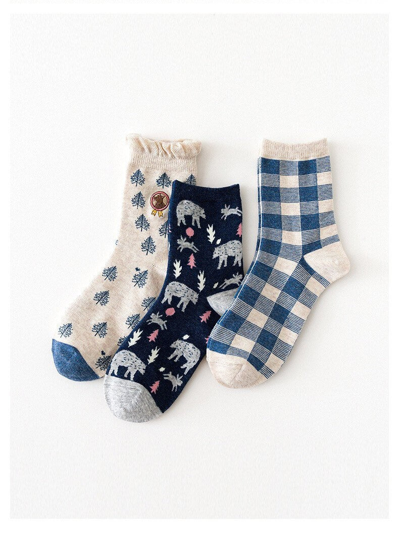 Miss June’s | Set of 3 pairs cotton socks; Cute | Animals | Cool | Patterned | Designed | Women | Gift Idea | Casual | Stylish | Comfortable