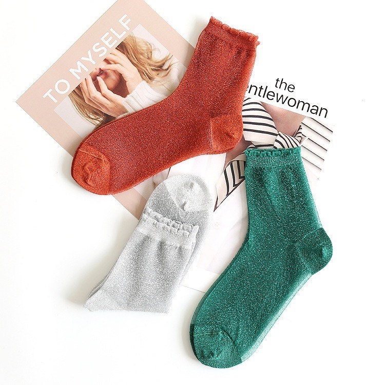 Miss June’s | Women’s Metallic Glass Silk-like Transparent socks | Cute | Colorful | Summer | Designed | Gift Idea | Casual | Comfortable