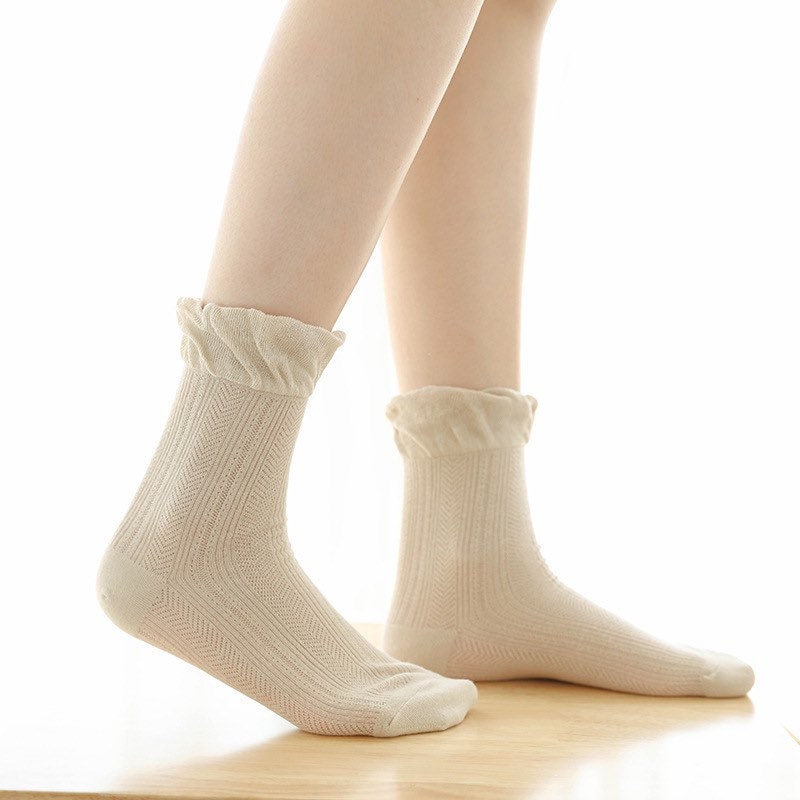 Miss June’s | Women’s | 1 pair cotton lace socks｜Daily | Natural | Soft |  | Solid color | Gift Idea | Casual | Comfortable | summer | Light