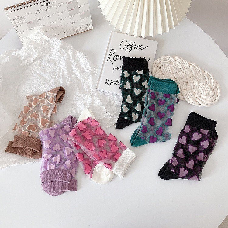 Miss June’s | Women’s Glass Silk-like Transparent socks | Cute | Colorful | Summer | Patterned | Gift Idea | Casual | Comfortable | Heart |
