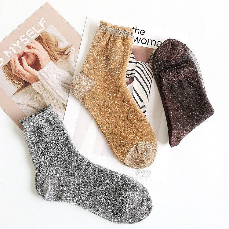 Miss June’s | Women’s Metallic Glass Silk-like Transparent socks | Cute | Colorful | Summer | Designed | Gift Idea | Casual | Comfortable