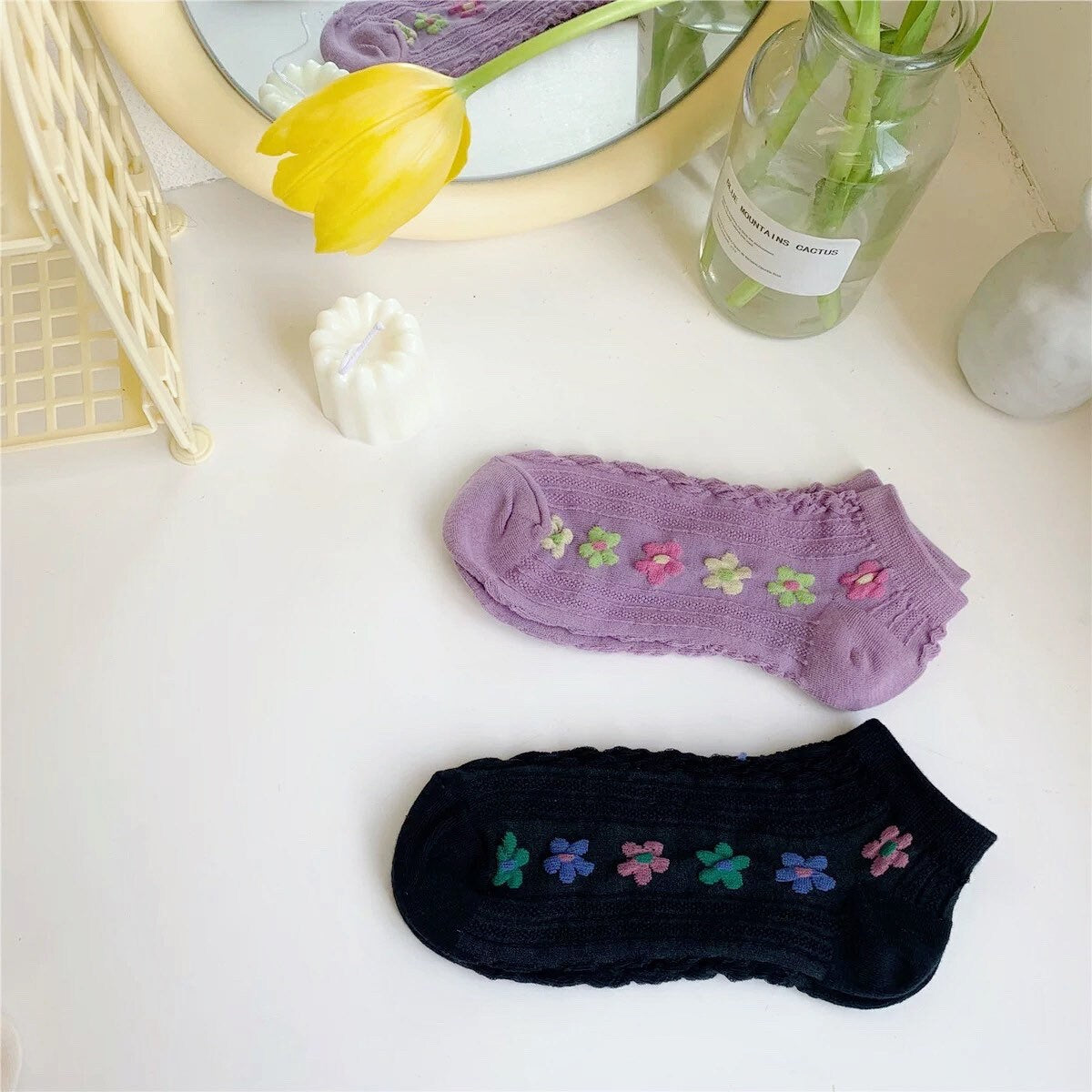 Miss June’s | Women’s 1 pair cotton ankle socks｜animals | Cat | Daily | Cute  | Designed | Embroidered | Gift Idea | Casual | Comfortable |