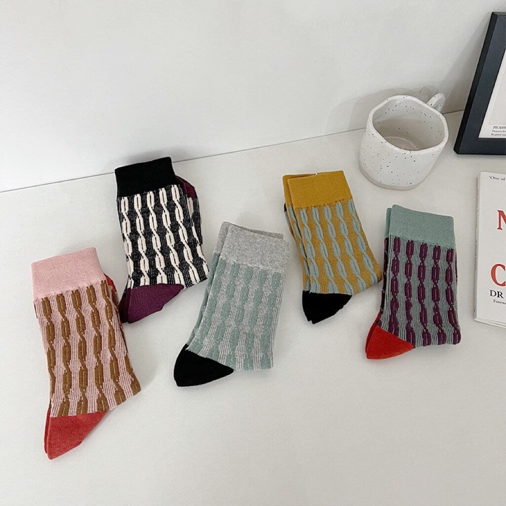 Miss June’s | Women’s | 1 pair cotton socks｜Daily | Textured| Soft | Designed | colorful | Gift Idea | Casual | Stylish | Comfortable