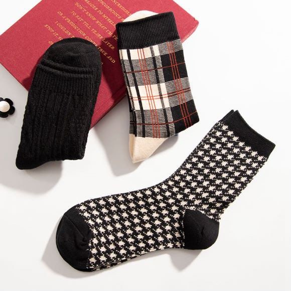 Miss June’s | Set of 3 pairs cotton socks | Cute | Black | daily | Patterned | Designed | Women | Gift Idea | Casual | Stylish | Comfortable